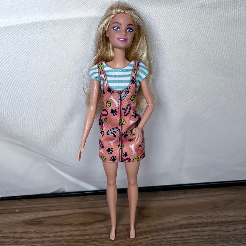 Barbie Doll Blonde Hair Pink Dog Print Dress Striped Shirt 11.5 Inch Fashion Toy